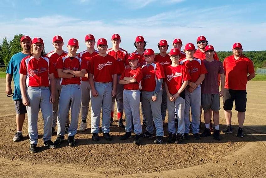 The Strait Area Sting will host the Nova Scotia Under-15 Tier 2 Provincial Championship this weekend at the Dan Willie Memorial Ball Field in Port Hawkesbury. Members of the team, from left, Jason Aucoin (head coach), Grayson Oakley, Andrew Aucoin, Rhylan Wood, Kaiden Morgan, Aiden Proctor, Chad Richards, Matthew Cavanagh, Tanner Dorion, Leelan Benoit, Keiran Madden, Monte MacMullin, Myles MacMullin, Leland MacDonnell, Ethan Richards (assistant coach), Emmett MacIver (assistant coach) and Scott Oakley (assistant coach). Also on the team are Zoe Morgan, Sophia MacIver and Cody MacRae. CONTRIBUTED • JASON AUCOIN
