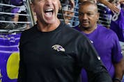  Head coach John Harbaugh of the Baltimore Ravens celebrates after defeating the Kansas City Chiefs on September 19, 2021 in Baltimore, Maryland. (Photo by Todd Olszewski/Getty Images)