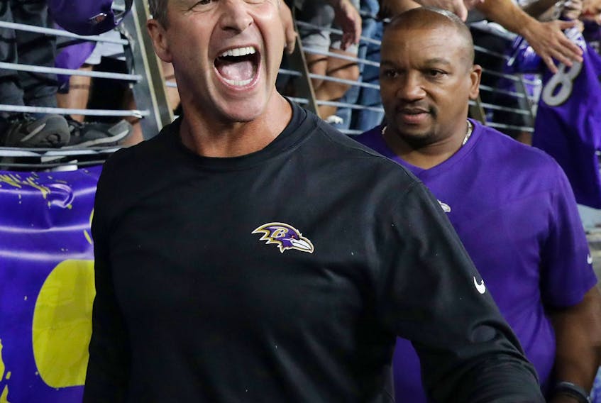  Head coach John Harbaugh of the Baltimore Ravens celebrates after defeating the Kansas City Chiefs on September 19, 2021 in Baltimore, Maryland. (Photo by Todd Olszewski/Getty Images)