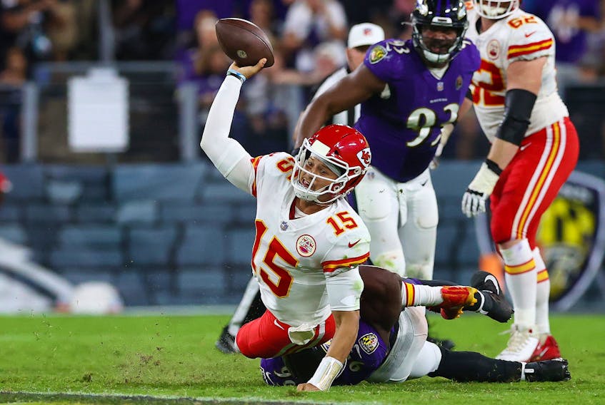 Patrick Mahomes #15 of the Kansas City Chiefs throws an interception against the Baltimore Ravens during the fourth quarter on September 19, 2021 in Baltimore, Maryland.  