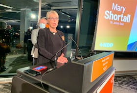 NDP candidate for St. John’s East Mary Shortall speaks to supporters Monday night.