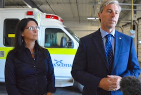 Nova Scotia Health Minister Michelle Thompson, left, and Premier Tim Houston speak to the media at the Emergency Health Services headquarters in Sydney on Monday. The province’s health leadership team visited Cape Breton as part of its Speak Up for Healthcare tour. Chris Connors/Cape Breton Post