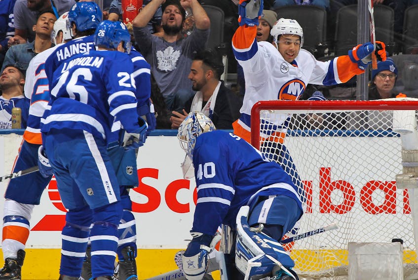 Josh Ho-Sang, then of the New York Islanders, celebrates a goal against the Leafs in 2018.