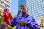  People’s Party of Canada (PPC) leader Maxime Bernier speaks during a protest rally outside the Canadian Broadcasting Corporation (CBC) headquarters in Toronto, Ontario, Canada September 16, 2021.