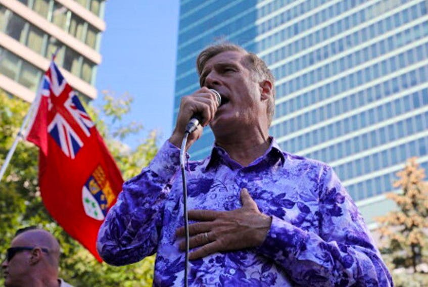  People’s Party of Canada (PPC) leader Maxime Bernier speaks during a protest rally outside the Canadian Broadcasting Corporation (CBC) headquarters in Toronto, Ontario, Canada September 16, 2021.