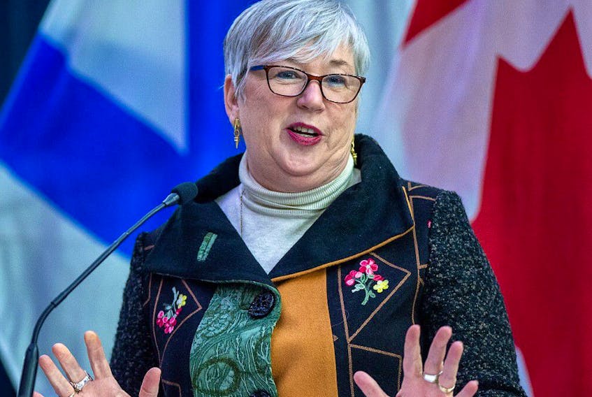  Bernadette Jordan, minister of Fisheries and Oceans, addresses the audience at the keel laying ceremony of the future HMCS HMCS William Hall at Irving Shipbuilding in Halifax on Wednesday, Feb. 17, 2021.