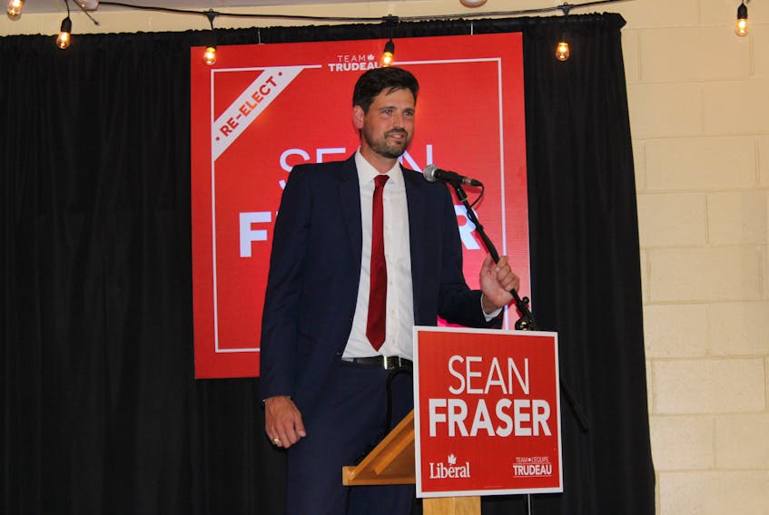 Liberal Sean Fraser thanked his supporters for another election victory during a speech at the Stellarton Fire Hall.