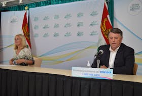 Dr. Heather Morrison, left, P.E.I.’s chief public health officer, and P.E.I. Premier Dennis King take part in a COVID-19 briefing on Tuesday, Sept. 21.