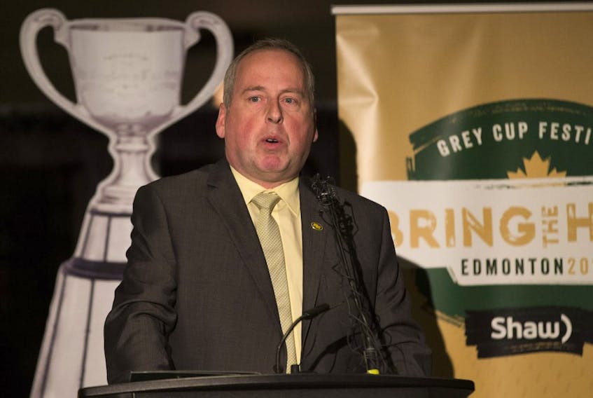 Len Rhodes, President and CEO of the Edmonton Eskimos speaks during a pass conference to announce the festival lineup at the 2018 Grey Cup , taken on Wednesday, Sept. 19, 2018 in Edmonton. 