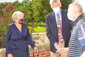 Nancy Denton-Peck and her husband, Warren Peck, greeted those attending her Sept. 12 recital outside Wolfville Baptist Church.