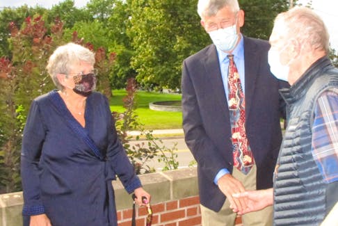 Nancy Denton-Peck and her husband, Warren Peck, greeted those attending her Sept. 12 recital outside Wolfville Baptist Church.