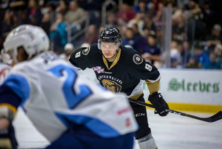 Marcus Power, shown with the Newfoundland Growlers in this 2019 file photo, is one of 18 players signed to AHL contracts with the Toronto Marlies. With so many players to be assigned to the Marlies from Toronto's main camp, many of those AHL-contracted players will end up in the ECHL with the Growlers to start a new season. — Newfoundland Growlers file photo/Jeff Parsons