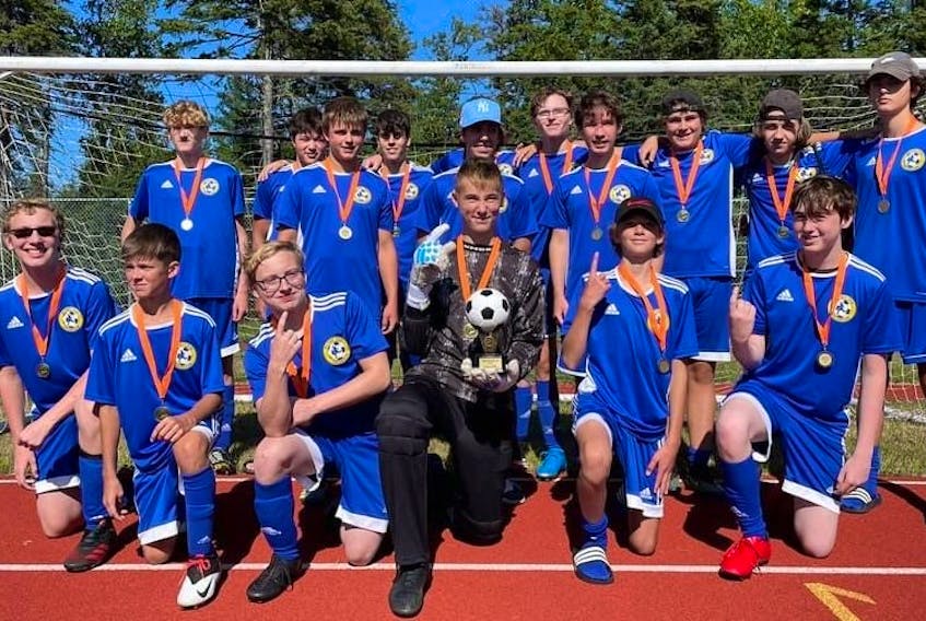 The Whitney Pier under-15 boys' soccer team took home the Cape Breton Cup title last month at Cape Breton Health Recreation Complex Turf in Sydney. The club defeated the Northside Storm 10-1 in the championship match. Front row, from left, Carter MacKenzie, Ben McIntyre, Evan Beaver, Nolan Neville, Kyle MacDonald, and Curtis LeBlanc. Back row, from left, Austin Bennett, Nathan Currie, Kenzie Carew, Brady Kennedy, Shane Greencorn, Noe Chiasson, Daniel MacDougall, Nick Guy, Keagan Corbett, Kieran MacPhee, and Ryan Wadden. Missing from the photo were Mark Jennings, Darrien Reynolds, and Kamran Asim. PHOTO CONTRIBUTED/CHRIS MACDONALD.