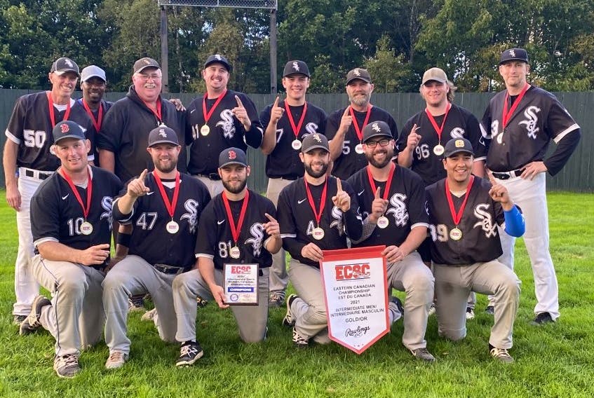 The Alexandra Street White Sox captured the Eastern Canadian men's intermediate championship last week in Fredericton, N.B. The Sydney-based team captured the championship with a 7-3 win over East Hants. Members of the team are shown with the championship banner. Front row, from left, Patrick Stewart, Jay Duffy, Coby Crowell, Ryan Keough, Chris Keough, and Levi Denny. Back row, from left, Joe Lahey, Dana Estwick, Scott Black (coach), Justin Schofield, Brody Fraser, Richie Mills, Jordan Moss, and Derek Rudderham. PHOTO CONTRIBUTED/CHRIS KEOUGH.