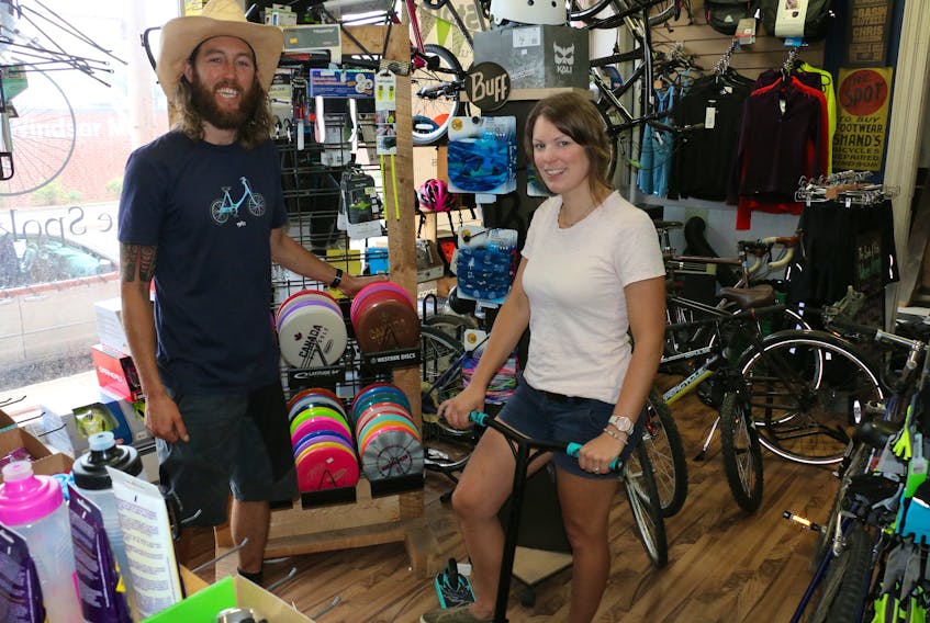 Spoke & Note business owner Tony Wood, pictured with his wife Ashley Wood, enjoys cycling and would like to see the province make Falmouth’s Bog Road more bicycle friendly. 