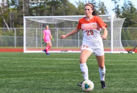 Janelle Tierney is currently in her first season in the Atlantic University Sport with the Cape Breton Capers. The Sydney River product has appeared in all three regular season games to date and is prepared for her role with the team. PHOTO/VAUGHAN MERCHANT, CBU ATHLETICS.