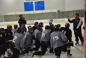 Charlottetown Bulk Carriers Knights head coach Luke Beck explains a drill during a practice at MacLauchlan Arena earlier this week. The Knights open the 2021-22 New Brunswick/Prince Edward Island Major Under-18 Hockey League regular season at MacLauchlan Arena against the Moncton Flyers on Sept. 25 at 4 p.m.