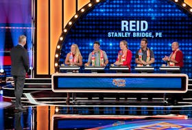 Members of the Reid family from Stanley Bridge, P.E.I., recently taped a segment on Family Feud Canada with host Gerry Dee, pictured in the foreground. The Reid team is, from left, Joanne Reid, the team captain; her boyfriend, Cory; her sister, Jennifer; her brother-in-law, Aron; and her father, Wilbert.