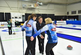 Jill Brothers, centre, and teammates Erin Carmody, Jenn Mitchell and Kim Kelly  celebrate after beating Jessie Hunkin at the Canadian curling pre-trials direct entry event in Ottawa. The Brothers rink earned a berth in Home Hardware curling pre-trials event in Liverpool in October. - Claudette Bockstael / Curling Canada