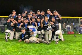 The Dartmouth Moosehead Dry celebrate after beating the Sydney Sooners to capture their 22nd Nova Scotia Senior Baseball League championship on Saturday in Sydney. - Contributed