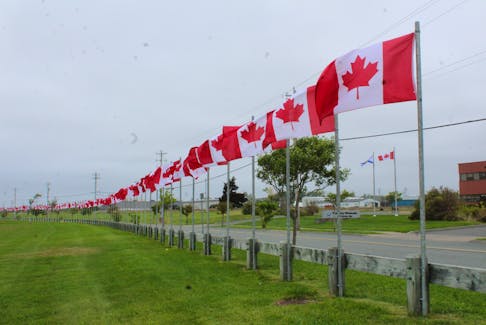 Along Stable Street near Open Hearth Park, 128 full-sized Canadian flags fly, representing the 128,000 Canadian military and RCMP killed and missing in action, service personnel lost in service from the Boer War to current missions. The flag display pays tribute to the men and women of the Canadian Armed Forces. IAN NATHANSON • CAPE BRETON POST