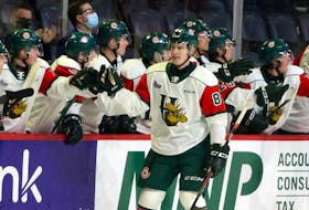 Halifax Mooseheads forward Senna Peeters high fives his team's bench after scoring a goal against the Cape Breton Eagles during a March 11 game at the Scotiabank Centre. - Eric Wynne
