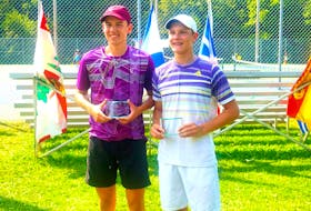 Aiden (left) and Liam Drover-Mattinen have been dominant in recent Atlantic tennis championships, winning multiple titles annually, including as a doubles team. — Facebook/Tennis PEI
