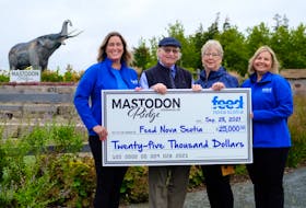 Mastodon Ridge is celebrating its 25th anniversary with a weekend-long fundraising event that will see all mini-golf proceeds going to Colchester area food banks. Mastodon Ridge owner Bill Hay has donated $25,000 in support of Feed Nova Scotia. Shown from left is Karen Theriault of Feed Nova Scotia, Bill and Sue Hay of Mastodon Ridge Stewiacke and Jenell Masse of Feed Nova Scotia.