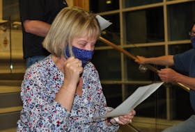 Linda Chaisson reacts with excitement as she reviews the final poll results at Corner Brook City Hall on Sept. 28. Chaisson was the top vote getter in Monday’s municipal election.