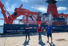 One of the world’s largest and most advanced research vessels, the Maria S. Merian, is scanning the floor of the Gulf of St. Lawrence for potential underground fresh water sources. From left are Joshua MacFadyen, Canada research chair in geospatial humanities at UPEI, and Randy Angus and Craig Knickle, who are both with the Mi'kmaq Confederacy of P.E.I., stakeholders of the SOURCE project.