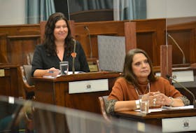 Jenene Wooldridge, left, executive director of L’nuey, and Lennox Island Chief Darlene Bernard speak before a meeting of the standing committee on health and education on Sept. 29. The two emphasized reconciliation in P.E.I. must be preceded by Prince Edward Islanders learning the truth about the Peace and Friendship Treaties.
