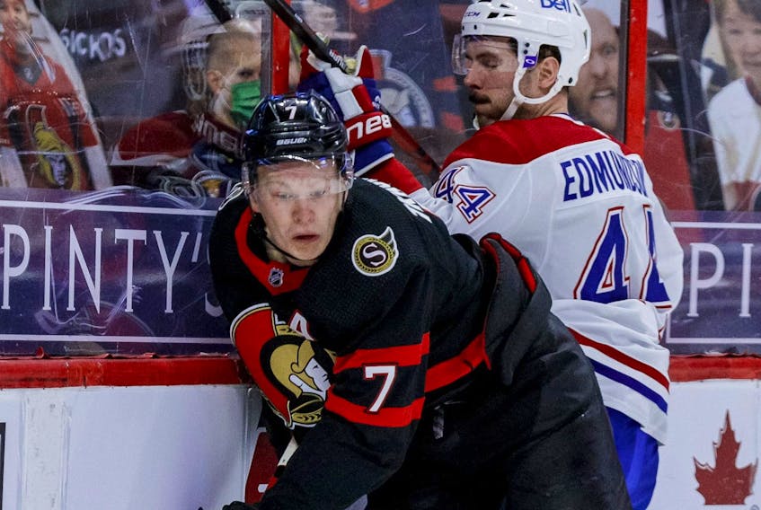 Senators’ Brady Tkachuk controls the puck against Canadiens’ Joel Edmundson. The Senators and Tkachuk are working hard on getting a new contract done.
