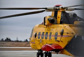 A CH-149 Cormorant helicopter at the Yarmouth airport during a previous incident. A CH-149 Cormorant helicopter was tasked to the area on Sept. 3 to help in the search for a missing man on a remote island. TINA COMEAU/FILE PHOTO