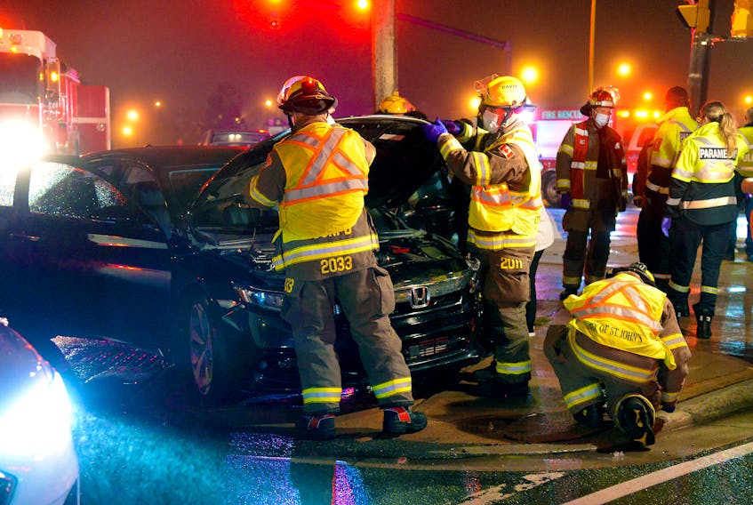 A three-vehicle crash in Mount Pearl sent three people to hospital Friday night. Keith Gosse/The Telegram