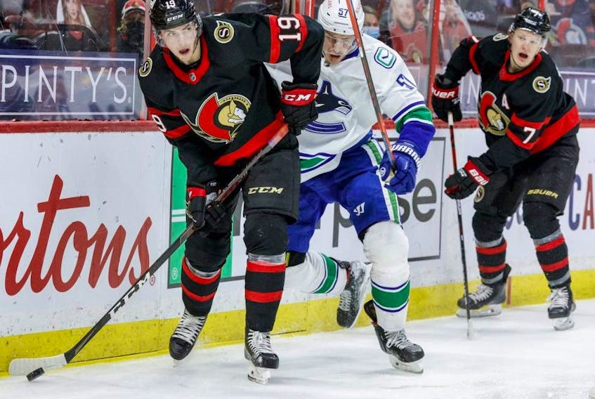 Senators’ Drake Batherson finished last season with 17 goals and 34 points but his best attribute is his ability to play a strong two-way game.  
ERROL MCGIHON/Postmedia
