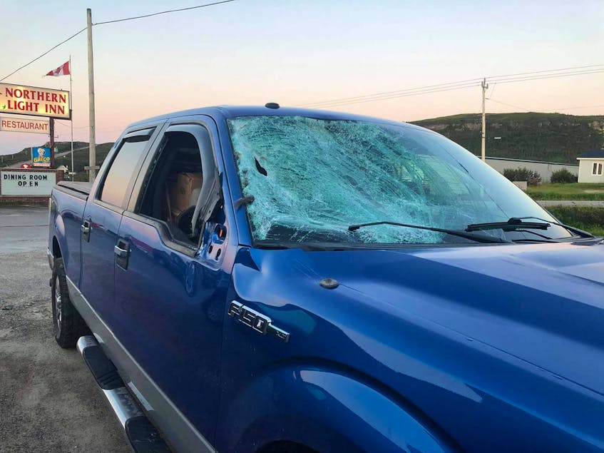 Nancy Hall didn’t fully realize the condition her truck was in until she got to L’Anse-au-Clair after hitting a moose on the Trans-Labrador Highway outside Mary’s Harbour on Aug. 30.  - Contributed