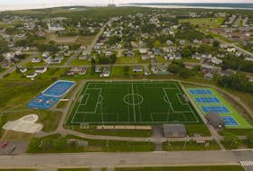 An aerial photo shows the new and improved Gary McDonald Recreation Complex on Eighth Street in New Waterford. On the lower left is the New Waterford Skateboard Park, while upper left shows the Dr. J.A. Roach Memorial Basketball Court and the New Waterford Rotary Ball Hockey Arena. The new, state-of-the-art MacKinnon Memorial Field is located in the middle, while the new New Waterford Tennis Club facility is on the right. The facility is also surrounded by a walking track. PHOTO CONTRIBUTED/NOVA SCOTIA GOVERNMENT