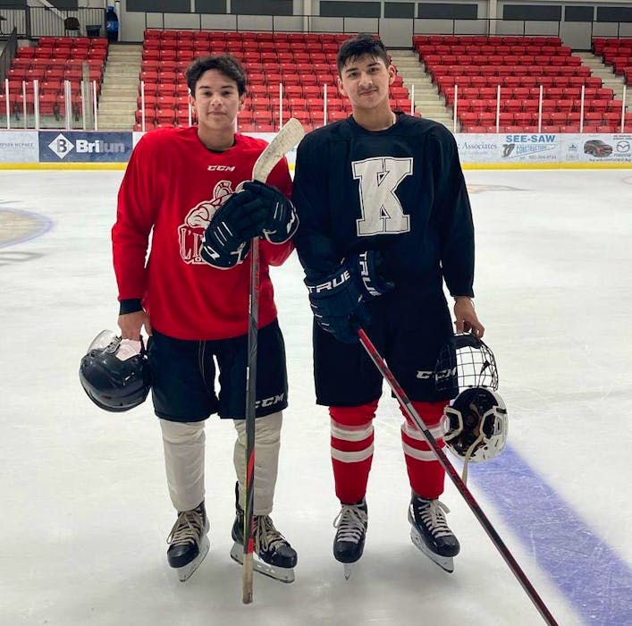 Cape Breton Eagles prospect Wynston Iserhoff, left, and Alexander Christmas, an Acadie-Bathurst Titan prospect, at Membertou Sport and Wellness Centre last week. Christmas invited Iserhoff, for a skate after the two were reassigned by their respective QMJHL teams. TWITTER • HOCKEY INDIGENOUS
