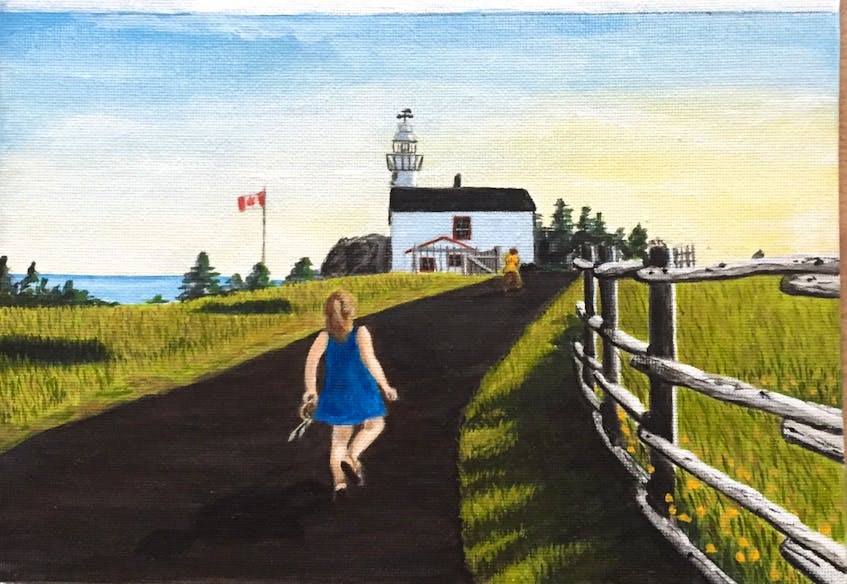 Heather Smith-Shave’s painting of Chloe, the main character in “Catching Dreams,” headed to the Rocky Harbour lighthouse with her dreamcatcher in her hand is just one image the Norris Point woman painted for the book. - Contributed