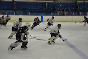 The Kensington Monaghan Farms Wild participate in a skating drill during a recent practice at the Cody Banks Arena in Charlottetown.