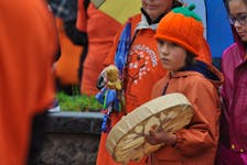 Liam Cormier, 7, grandson of Qalipu First Nation western vice-chief Keith Cormier, drummed along with the others gathered the event.