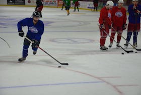 Forward Mathieu Belanger competes in a drill during the Summerside D. Alex MacDonald Ford Western Capitals’ practice at the Island Petroleum Energy Centre on Sept. 29. The Capitals open the 2021-22 Maritime Junior Hockey League regular season on the road against the Grand Falls Rapids on Oct. 1. 