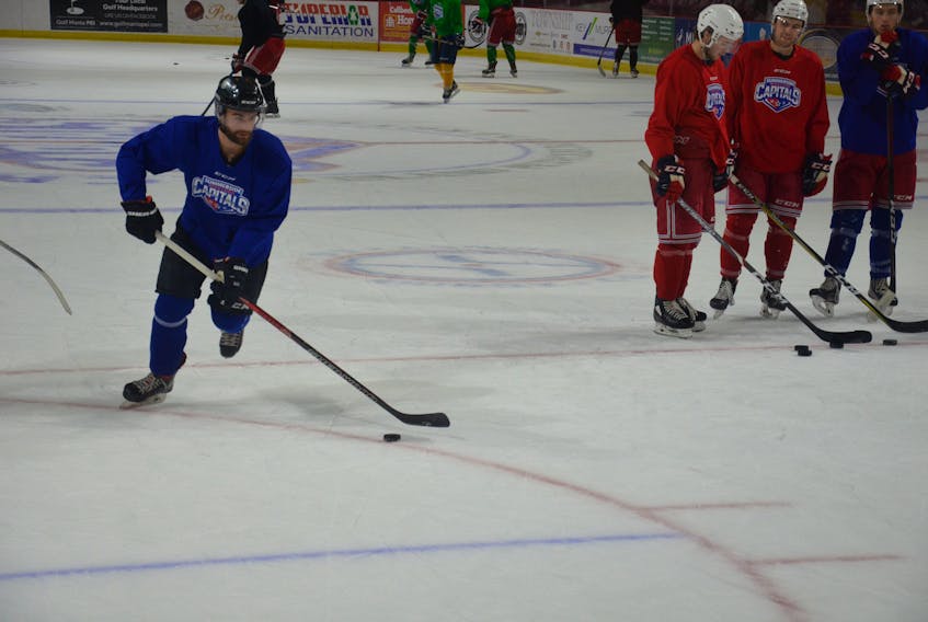 Forward Mathieu Belanger competes in a drill during the Summerside D. Alex MacDonald Ford Western Capitals’ practice at the Island Petroleum Energy Centre on Sept. 29. The Capitals open the 2021-22 Maritime Junior Hockey League regular season on the road against the Grand Falls Rapids on Oct. 1. 
