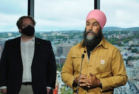 Federal New Democratic Party (NDP) Leader Jagmeet Singh is shown inside Memorial University Emera Innovation Centre on Signal Hill Road on Saturday morning where he spoke on various federal health care related issues. At left is St. John’s South/Mount Pearl NDP candidate Ray Critch.

-Photo by Joe Gibbons/The Telegram.