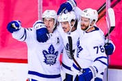  From leafs, Mitch Marner #16, Auston Matthews #34 and T.J. Brodie #78 of the Toronto Maple Leafs. The Leafs became a better team with moves made at the trade deadline. (Derek Leung/Getty Images)