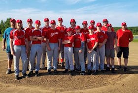 The Strait Area Sting hosted the Nova Scotia Under-15 Tier 2 Provincial Championship over the weekend at the Dan Willie Memorial Ball Field in Port Hawkesbury. Members of the team, from left, Jason Aucoin (head coach), Grayson Oakley, Andrew Aucoin, Rhylan Wood, Kaiden Morgan, Aiden Proctor, Chad Richards, Matthew Cavanagh, Tanner Dorion, Leelan Benoit, Keiran Madden, Monte MacMullin, Myles MacMullin, Leland MacDonnell, Ethan Richards (assistant coach), Emmett MacIver (assistant coach) and Scott Oakley (assistant coach). Missing from the photo was Zoe Morgan, Sophia MacIver, and Cody MacRae. PHOTO CONTRIBUTED/JASON AUCOIN.