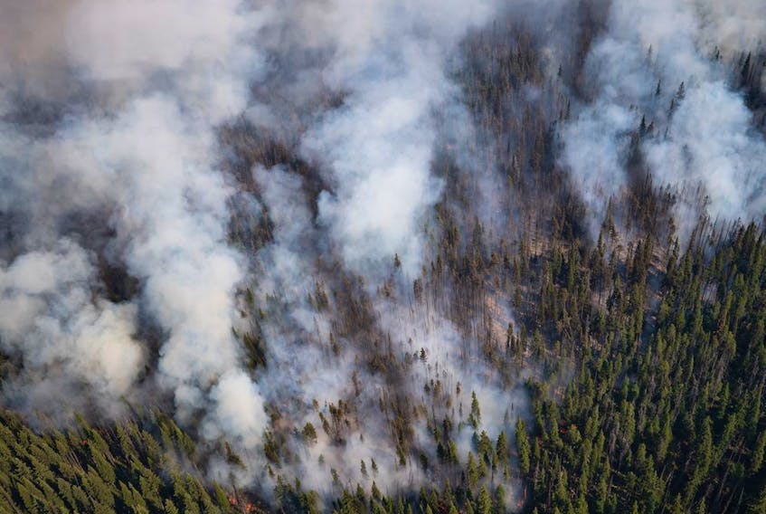 The White Rock Lake wildfire burns west of Vernon on Thursday, August 12, 2021.