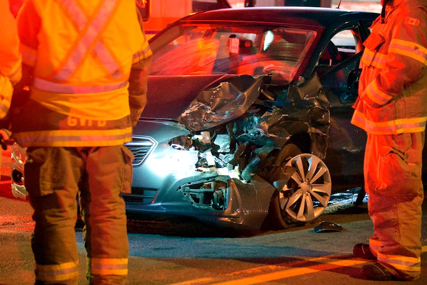 One woman was hospitalized following a two-vehicle crash in Goulds Monday night. Keith Gosse/The Telegram 