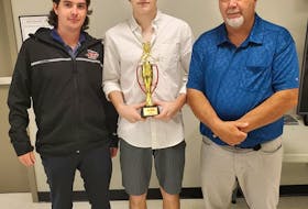 Goaltender Lucas Fraser, middle, was named the Cape Breton Jets regular season and playoff most valuable player for the 2020-21 Nova Scotia Under-16 ‘AAA’ Hockey League season. The team recently announced its awards. Fraser is pictured with Matt MacLeod left, and head coach Jim (Fred) Head. PHOTO CONTRIBUTED/CAPE BRETON JETS.