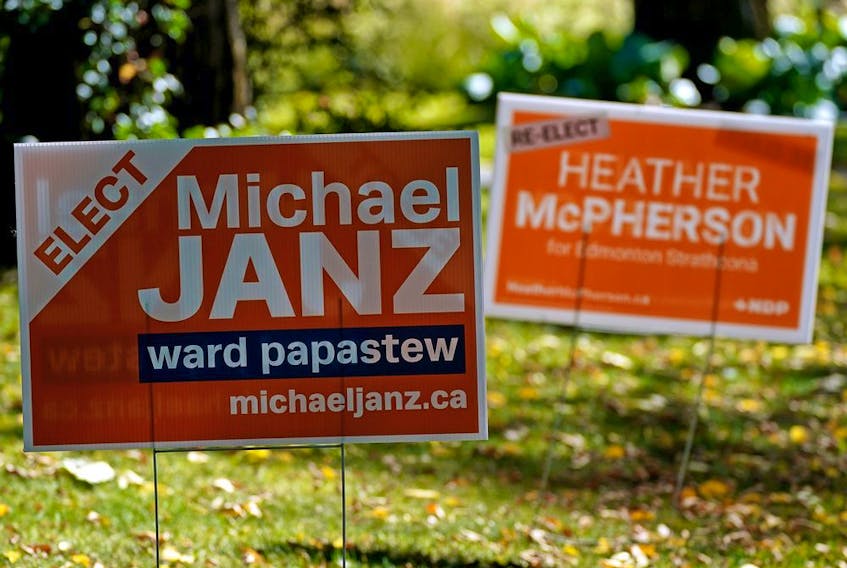 Edmonton municipal election sign for Michael Janz, who is running for city council in Ward papastew. Janz, a current board trustee for Edmonton Public Schools, has been endorsed by NDP MLA Sarah Hoffman and both were on the email list for the Election Readiness Coalition. 